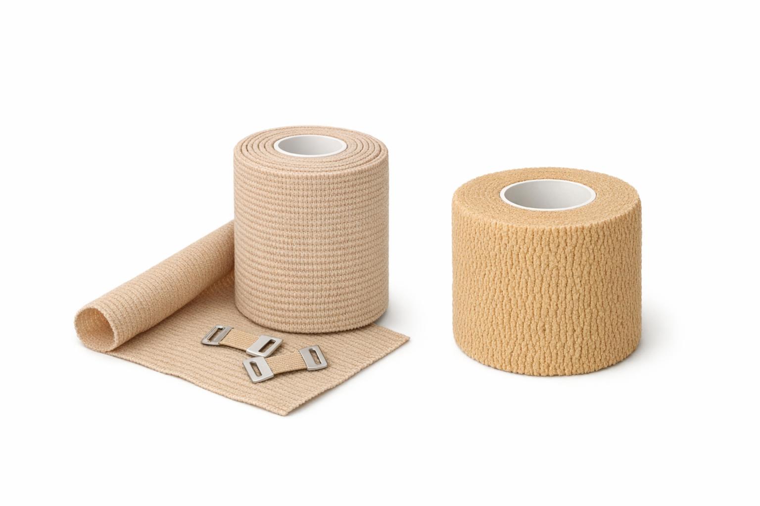 Zdjęcie rolki bandażu elastycznego obok bandażu kohezyjnego